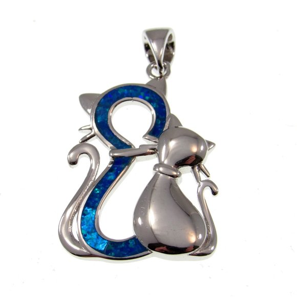 Solid 925 Sterling Silver and Lab Created Blue or White Opal Twin Cats Pendant - Picture 6 of 10